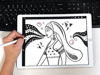 Girl Illustration black and white character design flat girl illustration ipad pro procreate app