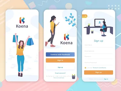 Koeno Shopping App Exploration app design colorful ecommerce app fashion app login form login page login screen shopping sign up sketch splashscreen uidesign uiux women fashion