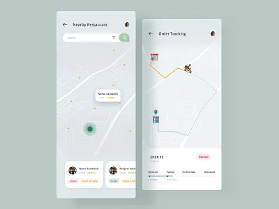 Nearby app book a table booking clean deliver design dinner food foodie home location lunch map mobile order restaurant sketch status tracking uiux