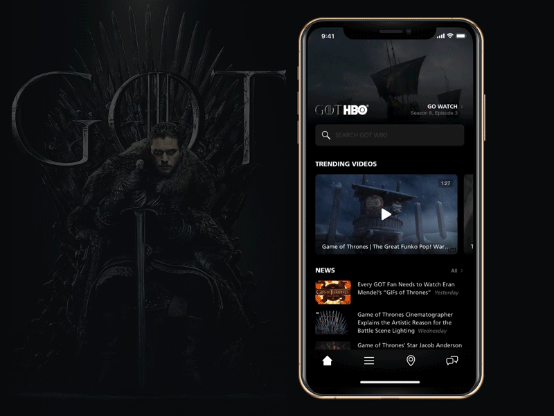 Home Tab Prototype animation black dark design flinto game of thrones gif prototype ui ux video video player wiki wikipedia