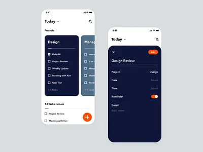 Daily UI Challenge #042 Todo List app blue card checkbox clean daily ui dark blue design ios iphone list mobile modal modern orange simple task todo ui white