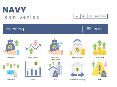 60 Investing Icons | Navy branding dashboard design flat flat icons graphic design icon icons icons design logo logo branding logo design navy social media startup startup icon