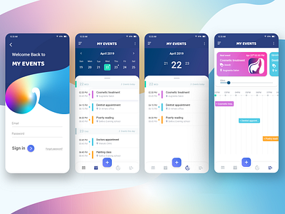 My Events app calendar day event event list month sign in timeline ui ux ux design week