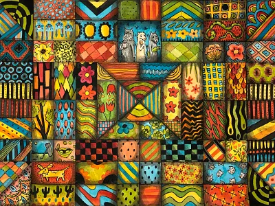 Watercolor and Ink Patchwork Quilt design drawing hand illustration ink line pattern textile watercolor
