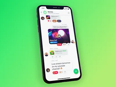 GAMEE – Stories app comments feed friends game gaming post reactions social network ux wall