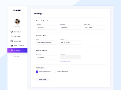 Flare: Settings account dashboard form profile settings ui user ux