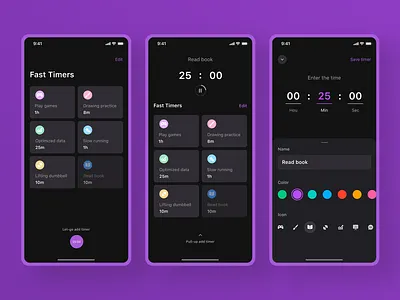 Focus Timer App alarm clock app app design application black color card clean dark dark app dark mode flat icon ios time timer timers timing tool ui ux