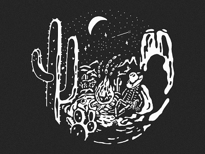 Cowboy Skeleton Campfire black and white cactus campfire camping cowboy cowboy skeleton desert desert night illustration skeleton skull summer nights the west