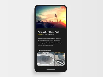 Skate Park Locator UI - Dark Mode app design location app mobile skateboarding ui ux