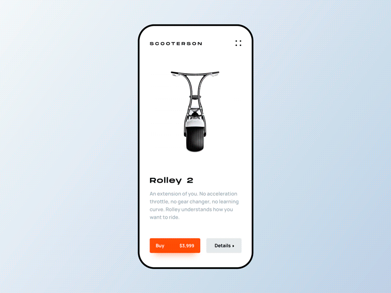 E-Scooter App in Motion animation app clean color selection ecommerce app ios mobile online store commerce scooter showcase sustainable transition typography ui uiux white