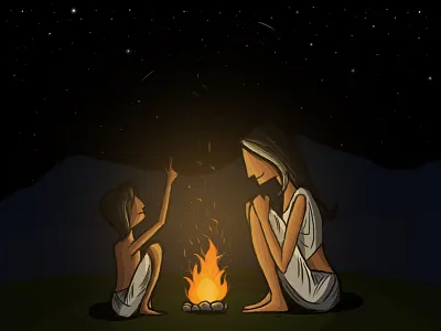 Story-telling child digital art digital painting fire mother mother and son nature night sky photoshop stars storytelling