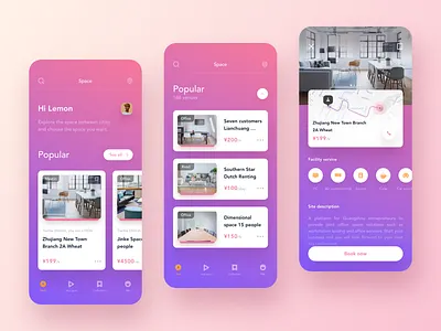 Space, venue rental app card color level map popular site ux venue lease