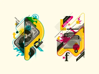 Conceptual illustrations. color concept design element entertainment fun graphic idea illustration letter music object objects party radio retro style turnatble typography vector