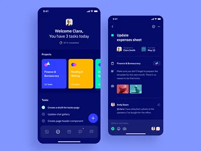 Indigo DS - Tasks Dark app clean colours dark dark mode dark ui geometic interface ios mobile project task type typography ui ux vibrant