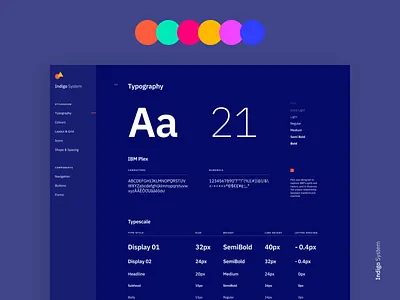 Indigo DS - Styleguide Dark app branding clean colours design system grid ibm plex interface styleguide table type specimen typography ui