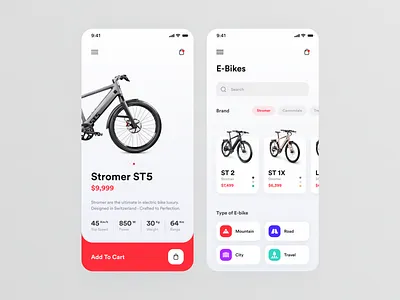 E-Bike Store // Mobile App Concept app app design bicycle cards clean design ebike ecommerce interface ios minimal mobile product page store typogaphy ui uiux ux web web design