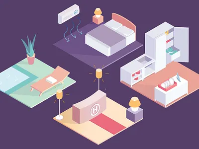 Hotel Room Illustration for EnBW bedroom colorful flat foyer hotel illustration isometric kitchen management spa vibrant