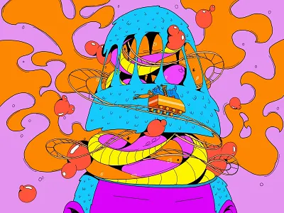 Behind closed curtains lineart neon outline pop psychodelic roller coaster smoke