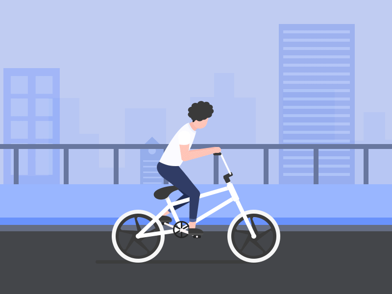 New bicycle 2d afro animation bike blue boy building chair design illustration man road road lamp tree way