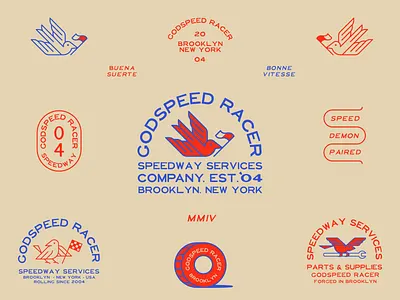 Godspeed Racer Badge (Part. II) 2d badge badgedesign bird blue branding brooklyn car design flag flat icon illustration logo patch racer red typography vector wheel