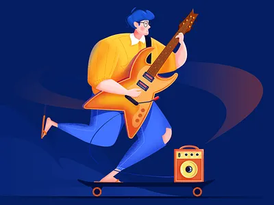 Concert performer -2 blue boy design dynamic easily evening guitar illustration man music music score night skateboard slippers smile stereo ui ux