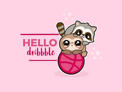 Hello Dribbble :) character debut dribbble ball hello dribbble illustration kawaii raccoon sloth vector