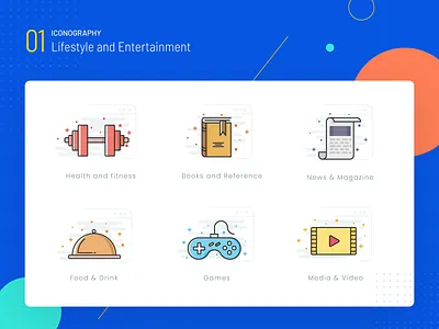 Lifestyle and entertainment books design fitness food games health iconography icons iconset illustration joystick lifestyle media news ui ux video