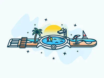 Summer Time clock illustration ocean pool seasons stars sumer time tree umbrella watch