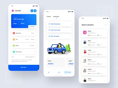 Puppy app animation app blue car card color concept design grid illustration landing page list menu minimal profile simple typography ui ux web design