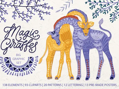 Magic giraffes. Big graphic set africa african animal botanical card childish clip art collection folk art giraffe kid lettering nursery art pattern patterns poster scandinavian style set summer tropical