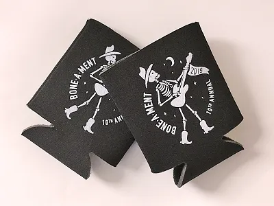 Bone-a-ment Tournament Koozies bones boots cowboy flag follow me fun golf guitar japan job koozie moon skeleton stars tournament