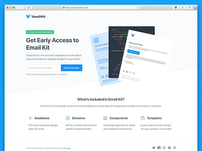 Landing Page - Vouchful Email Kit coming soon early access early bird form design landing page landing page design newsletter prelaunch signup form subscription