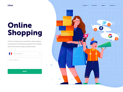 Online Shopping bag bird box boy cart character girl header illustration layout loudspeaker mobile online online shop people shopping ui web website woman
