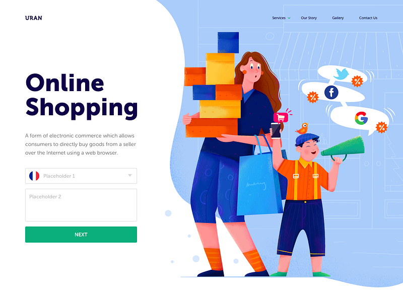 Online Shopping bag bird box boy cart character girl header illustration layout loudspeaker mobile online online shop people shopping ui web website woman