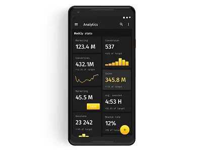Dark Material Theme with Gradients 2019 app black bright button color dark fintech interaction ios iphone mobile red schedule store table trend ui ux yellow