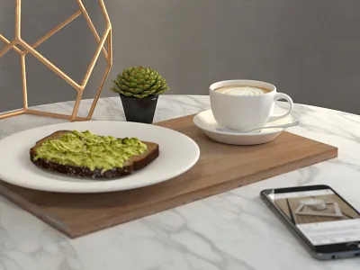 Modern still life 3d avocadotoast c4d cinema4d dailyrender digitalart latte marble octane octanerender otoy render stilllife