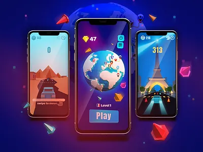 Color Road - iPhone X 3d art car game design egypt eiffel eiffeltower game art game design game level game play games iphone iphone x mockup iphonex low poly low poly art mobile game paris ui
