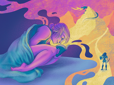 Lost in a Book adventure bed book character cozy design dragon girl illustration mountains purple reading story storybook woman