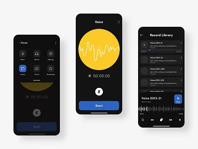 App Recorder app app design app ui application dark dark mode dark theme design icons interaction microphone minimal minimalism recorder sound ui ui design ux view