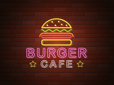 glowing neon signboard burger cafe vector illustration
