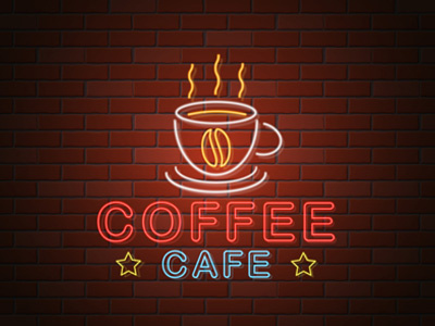 glowing neon signboard coffee cafe vector illustration