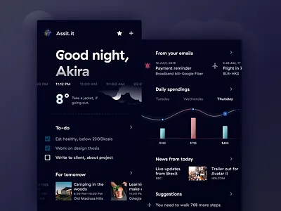 Assit.it Personal Assistant 2.5d assistant clean dark dark ui design event illustration material material design minimal news personal personal assistant to do