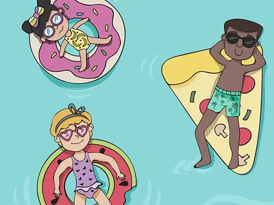 Summer Floats character characterdesign children childrensillustration design donut doodles float floating illustration pizza pool summertime sunglasses swimming vector watermelon