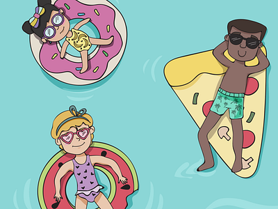 Summer Floats character characterdesign children childrensillustration design donut doodles float floating illustration pizza pool summertime sunglasses swimming vector watermelon