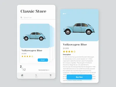 Classic Car App app blue blue and white car cars clean concept dailyui design minimalist mobile store ui
