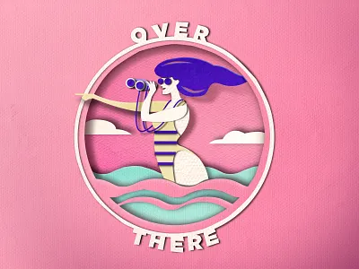 Over there beach binoculars papercut pinup girl sea woman