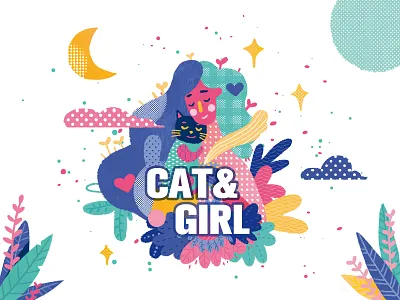 cat & girl cat design drawing girl illustration paint typography