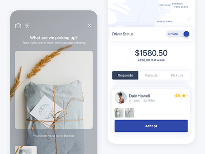 Pickup App app blue camera cards clean iphonex map minimal shadows sketch uber ui vector