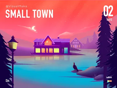 Small town blue contrasting colors green house illustration impact jungle lake red tree villa