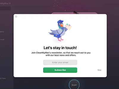 Email subscription windows for CleanMyMac X app application clean my mac cleanmymac cmm desktop desktop app email email design illustration interface macos macpaw mail mailbox pigeon subscribe subscription ui